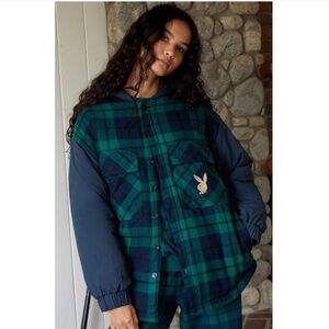Playboy By PacSun Plaid Oversized Drawstring Hoodie Green & Blue Jacket